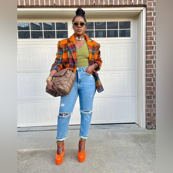 NWT! NASTY GAL Premium Wool Blend Oversized Orange Plaid Stripe Blazer Coat - Picture 3 of 16